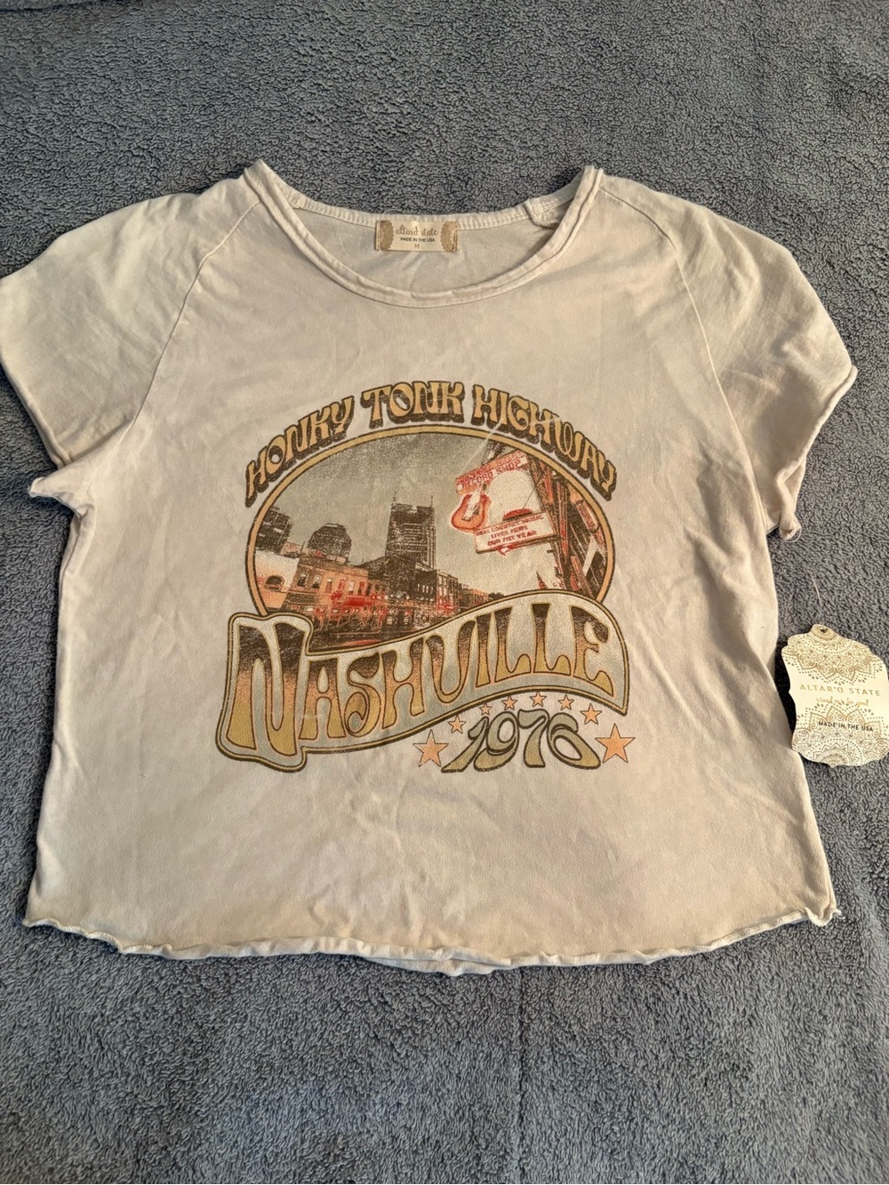 NWT Altar’d State Baby Tee Medium Nashville Honky Tonk Distressed Crop Tee